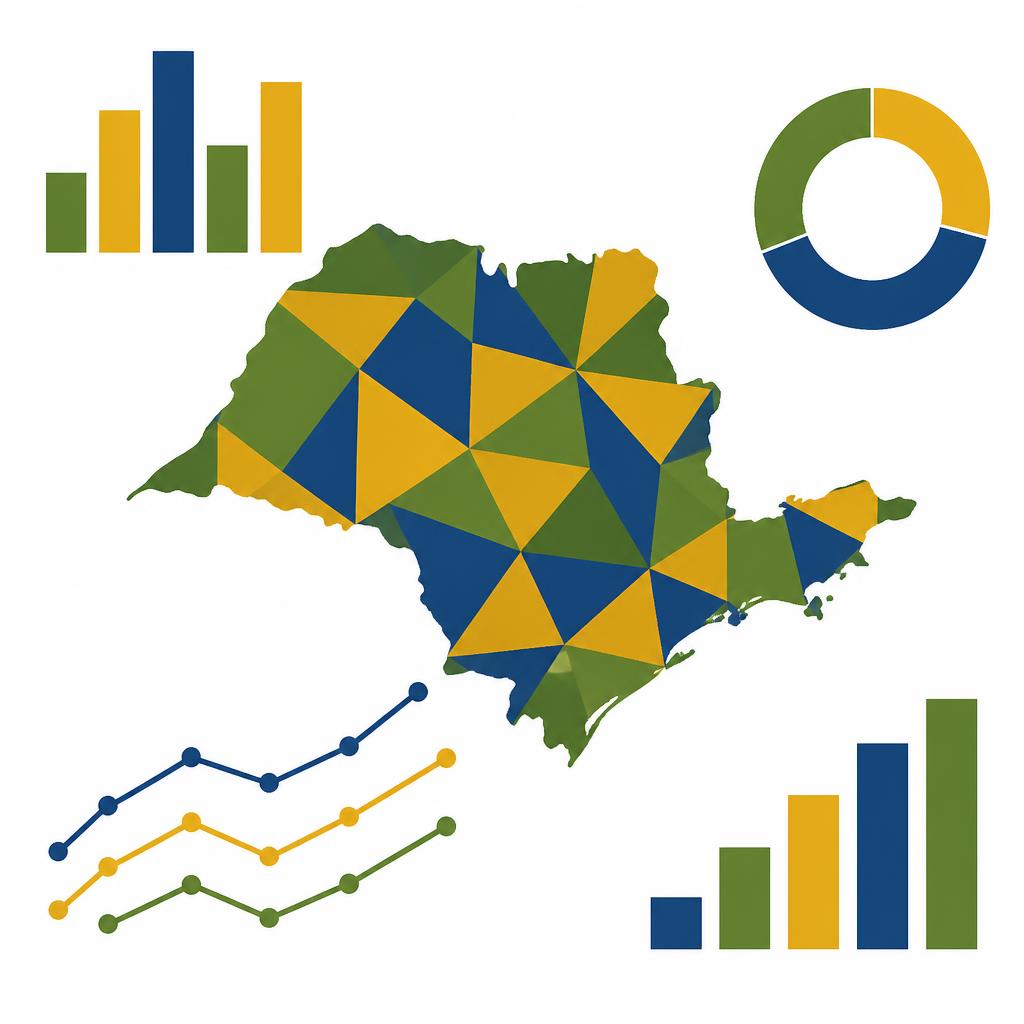 Mapa ilustrado do estado de São Paulo com gráficos de resultados eleitorais